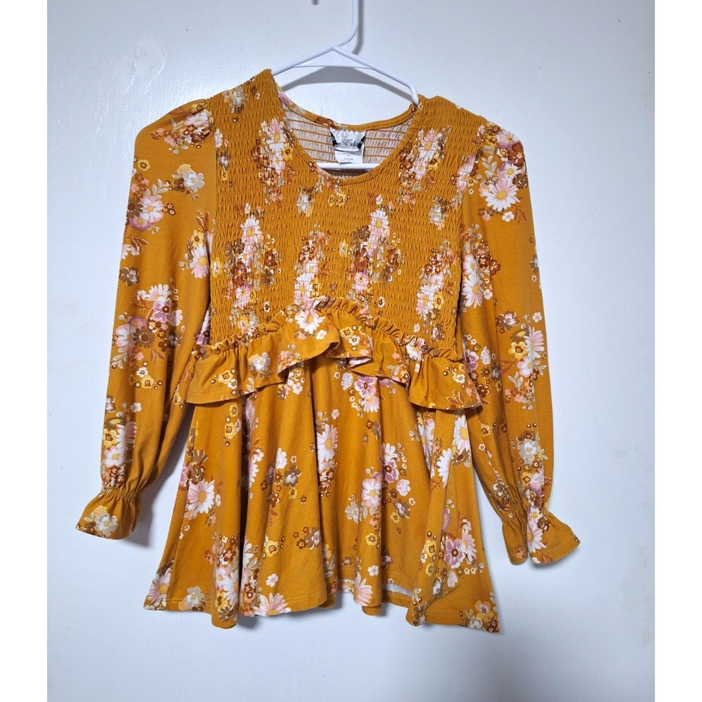 Rare Editions Girls Size 10 Smocked Floral Top Mustard Yellow Long Sleeve Peplum